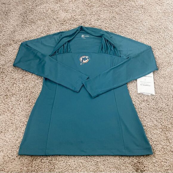 NFL All Sports Couture Aqua Blue Miami Dolphins Ruched Neck Top SZ L BNWT - Picture 3 of 10